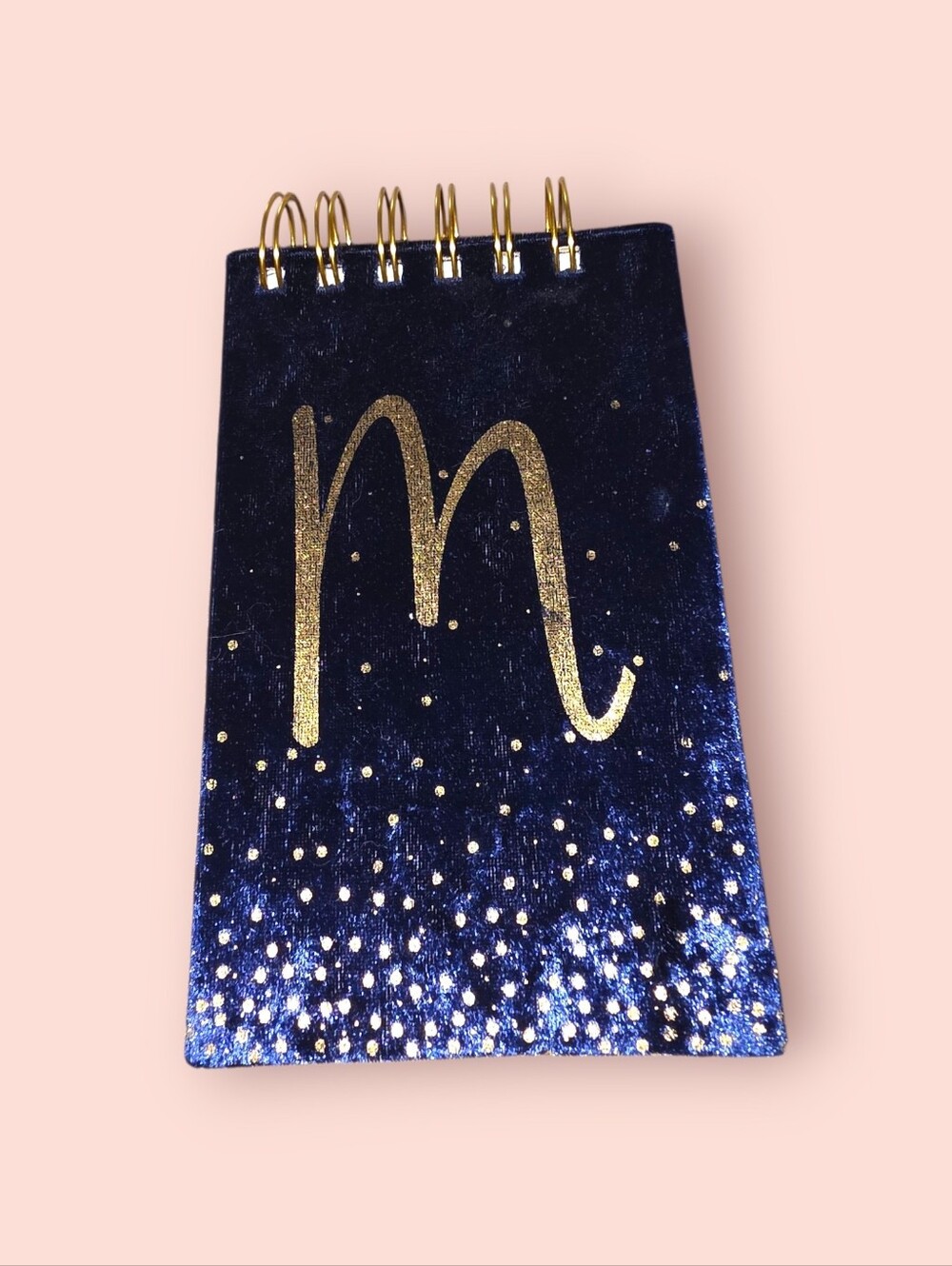 ^ Gold Script 'M' Navy Velvet Spiral Handheld Notebook